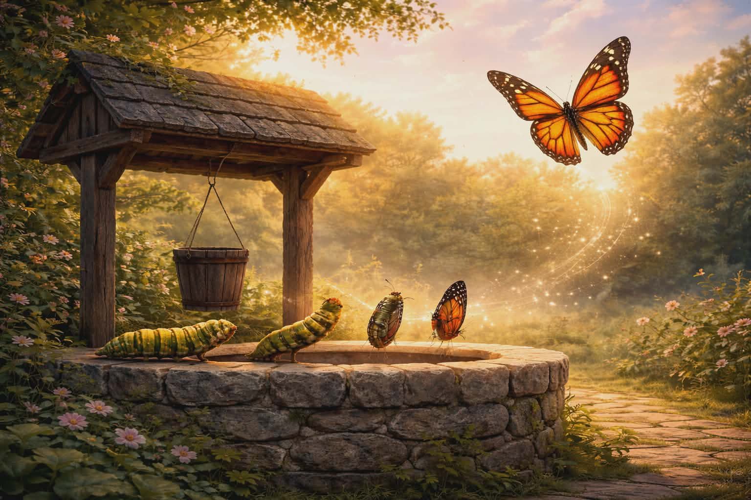 Illustration of caterpillars becoming butterflies beside a stone well at golden hour